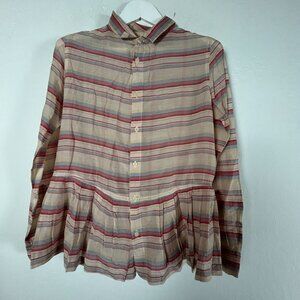 CP Shades Womens XS Striped Button-Up Blouse Cotton/Silk Red/Beige Pleated Hem